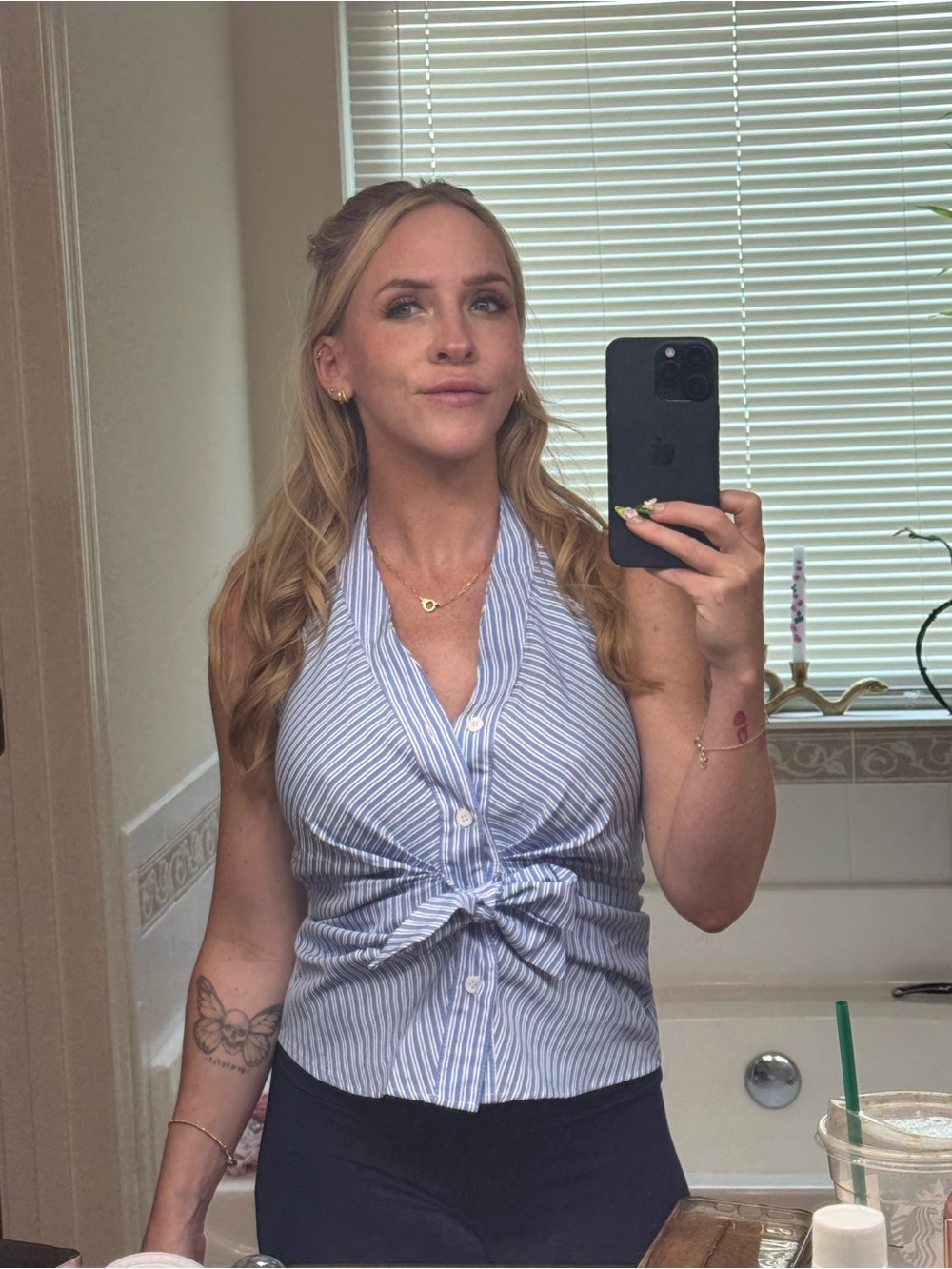 Striped Blue Tie-Front Halter Top - Women - Picture 2 of 6